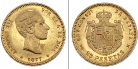 315 EUR 25 pesetas 1877 Alfonso XII Oro peso 8,06 gr